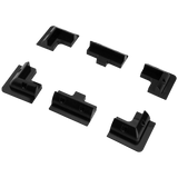 Rekcharge six-piece black solar panel mounting kit with corner and side brackets spread out.