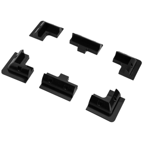 Rekcharge six-piece black solar panel mounting kit with corner and side brackets spread out.