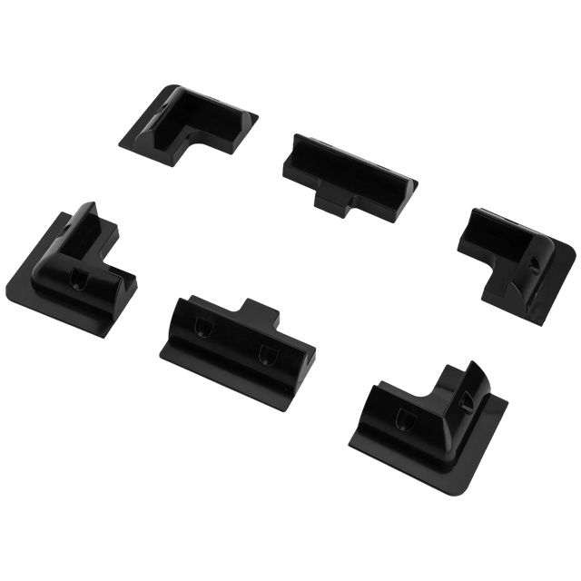 Rekcharge six-piece black solar panel mounting kit with corner and side brackets spread out.