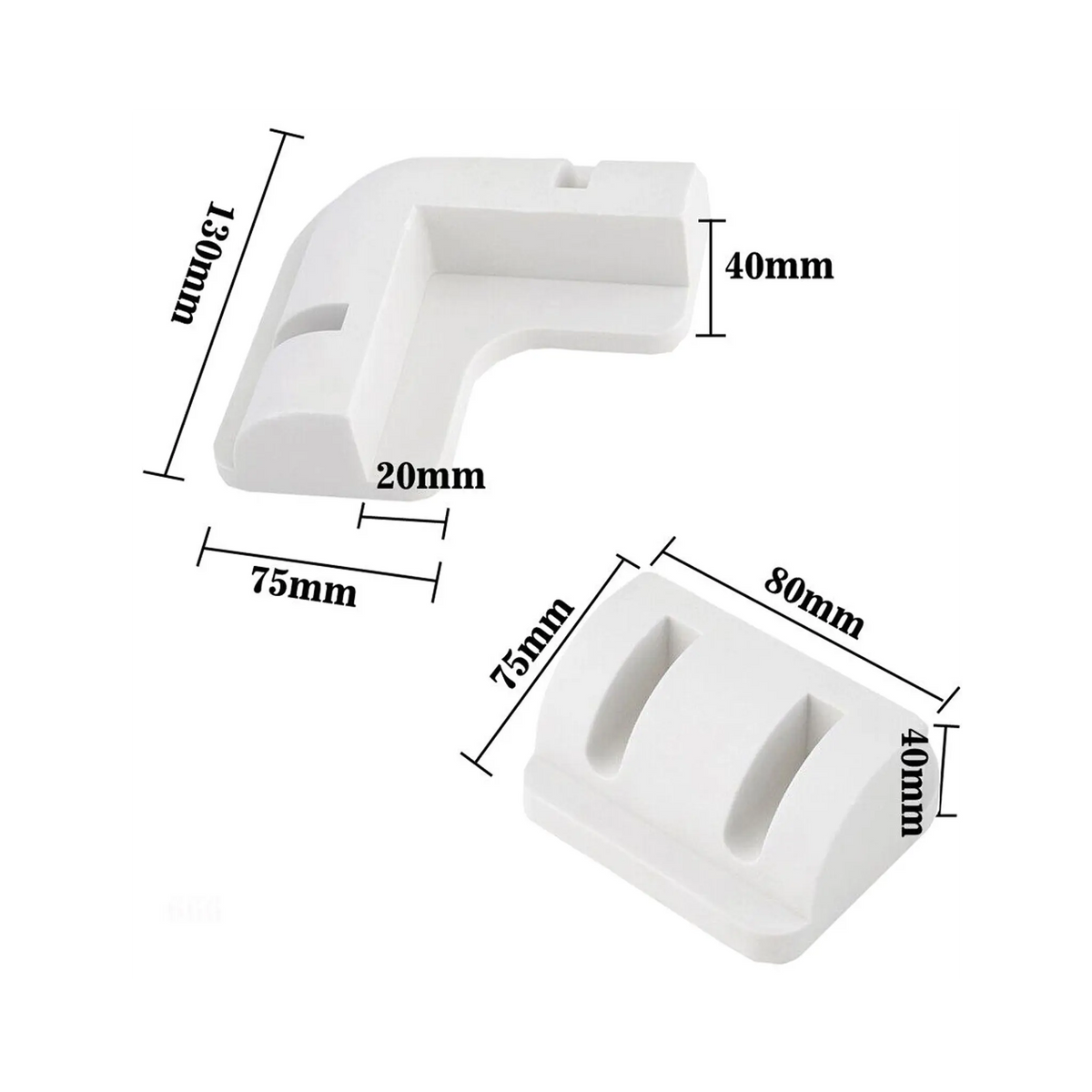 Rekcharge 6 piece white ABS solar panel mounting kit dimensions diagram for the corner and side brackets.