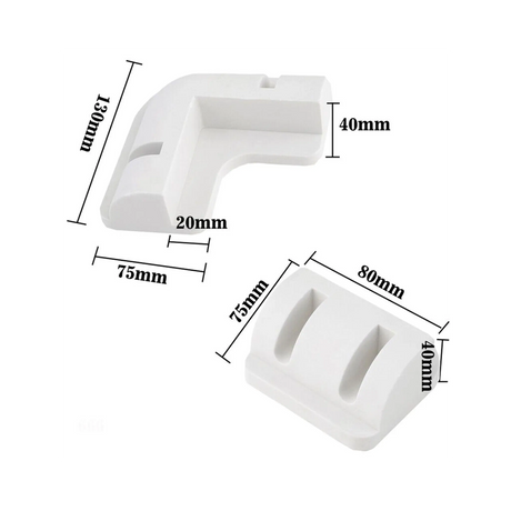 Rekcharge 6 piece white ABS solar panel mounting kit dimensions diagram for the corner and side brackets.