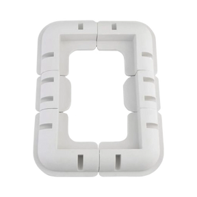 Rekcharge 6 piece white ABS solar panel mounting kit top view with four corner brackets and two side brackets.