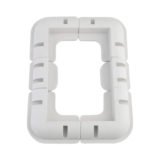 Rekcharge 6 piece white ABS solar panel mounting kit top view with four corner brackets and two side brackets.