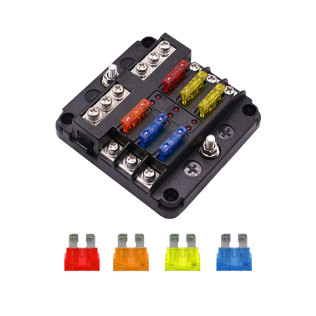 Rekcharge 6 way fuse block with coloured blade fuses fitted and four loose fuses laid out below.