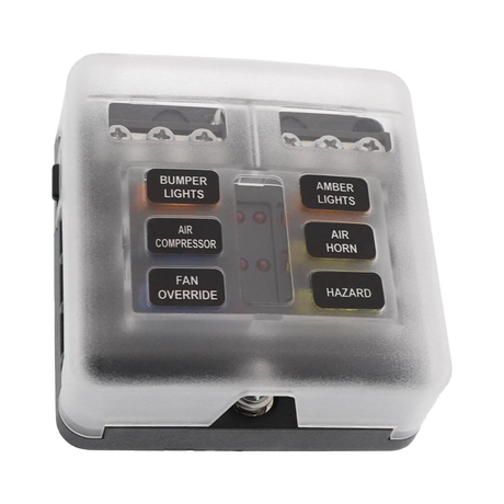 Rekcharge 6 way fuse block front view with a translucent cover and circuit labels fitted.