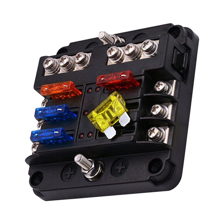 Rekcharge 6 way fuse block with exposed blade fuses and positive and negative terminal posts.