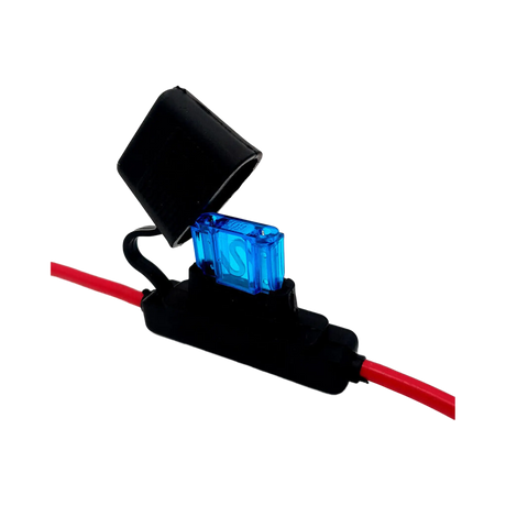 Rekcharge 60A inline maxi blade fuse holder with the cap open and a blue fuse fitted.