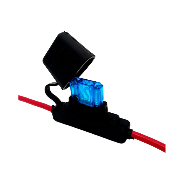 Rekcharge 60A inline maxi blade fuse holder with the cap open and a blue fuse fitted.