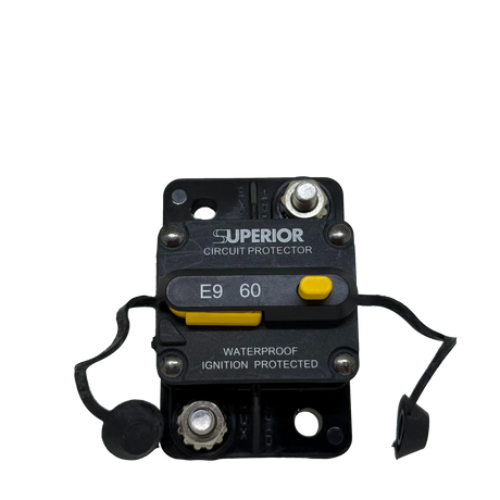 Rekcharge 60A Inline Waterproof Resettable Circuit Breaker front view with terminal covers.