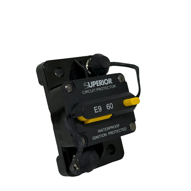 Rekcharge 60A Inline Waterproof Resettable Circuit Breaker front-left product view.