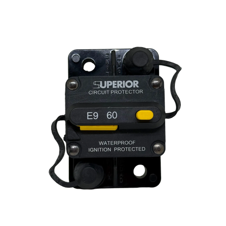 Rekcharge 60A Inline Waterproof Resettable Circuit Breaker front close-up.