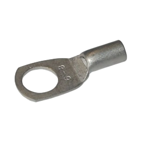 Rekcharge 6mm battery cable lug with an 8mm hole, angled to show its crimp barrel and stamped size.