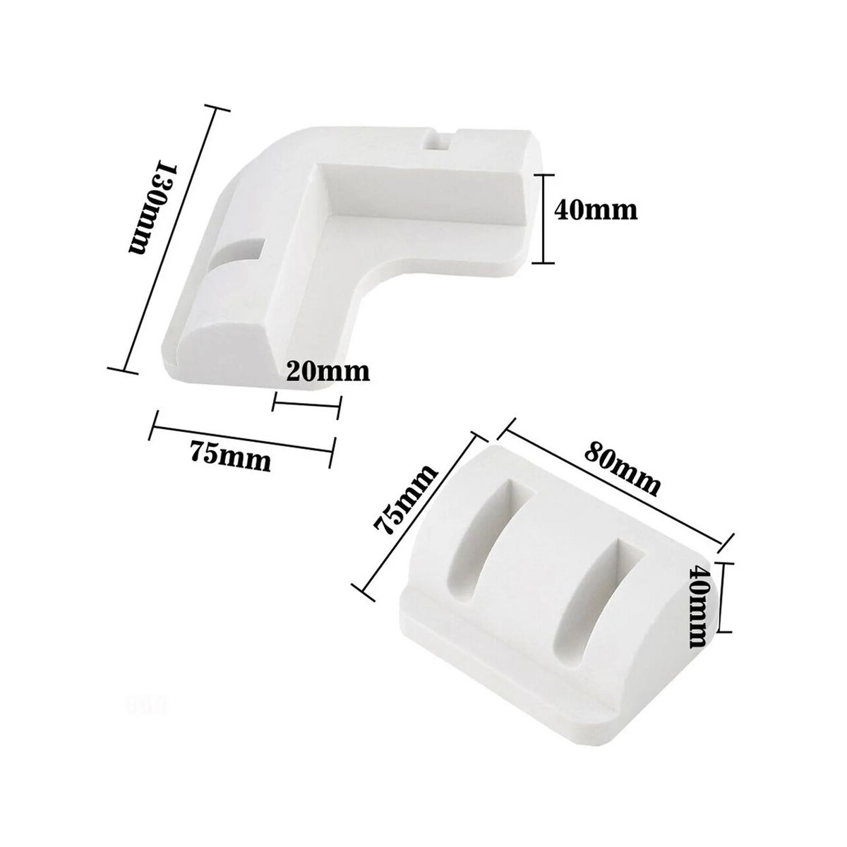 Rekcharge 7 piece ABS solar panel mounting kit dimensions diagram for the corner and side brackets.
