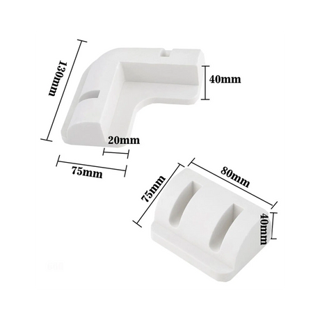 Rekcharge 7 piece ABS solar panel mounting kit dimensions diagram for the corner and side brackets.