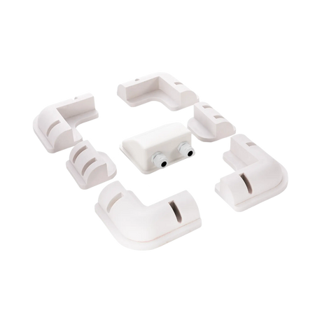 Rekcharge 7 piece ABS solar mounting kit with four white corner brackets, two side brackets and twin cable entry.