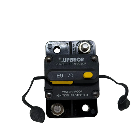 Rekcharge 70A Inline Waterproof Resettable Circuit Breaker front view with terminal covers.