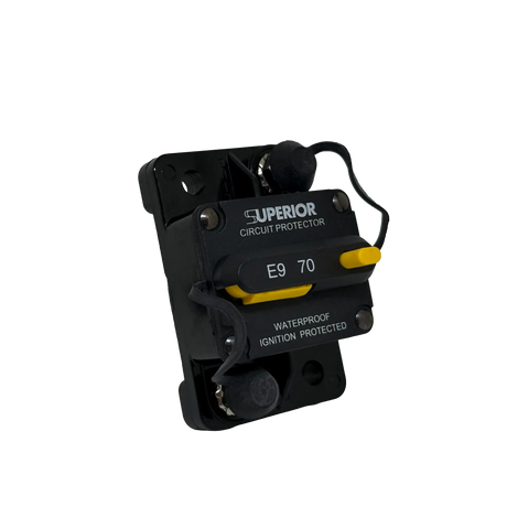 Rekcharge 70A Inline Waterproof Resettable Circuit Breaker front-left product view.