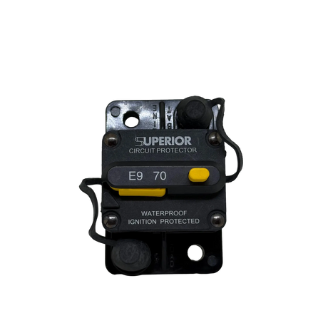 Rekcharge 70A Inline Waterproof Resettable Circuit Breaker front close-up.