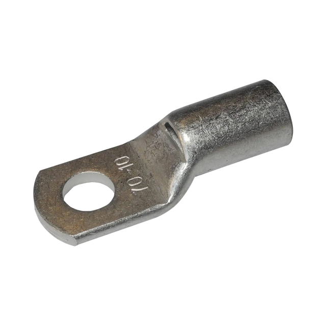 Rekcharge 70mm battery cable lug with 10mm hole in an angled view showing the crimp barrel.