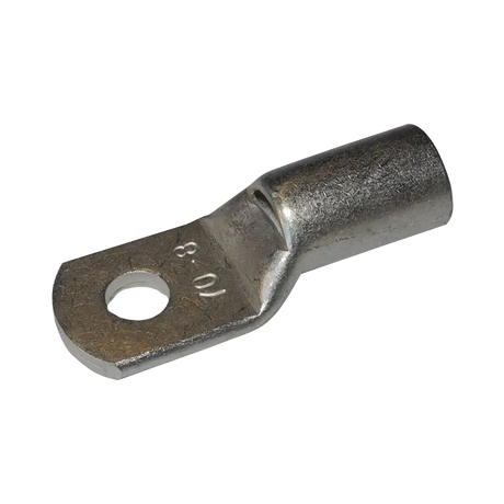 Rekcharge 70mm battery cable lug with an 8mm hole, angled to show its crimp barrel and stamped size.