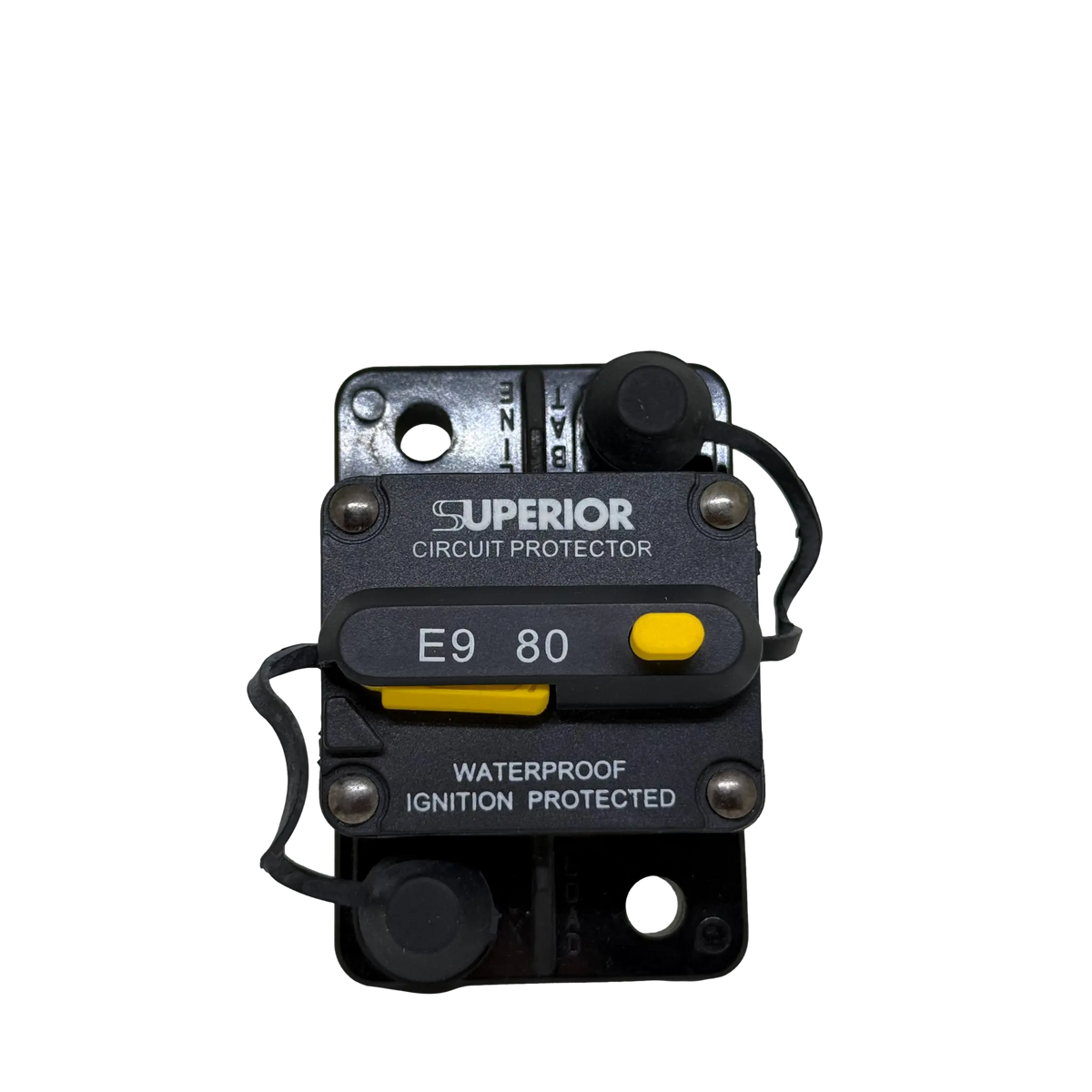 Rekcharge 80A Inline Waterproof Resettable Circuit Breaker front close-up.