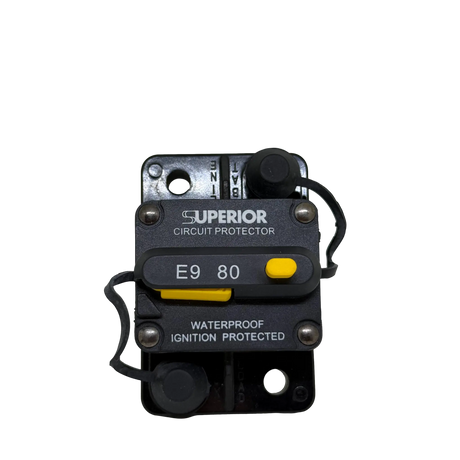 Rekcharge 80A Inline Waterproof Resettable Circuit Breaker front close-up.