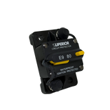 Rekcharge 80A Inline Waterproof Resettable Circuit Breaker front-left product view.
