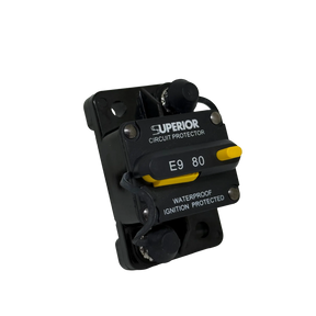 Rekcharge 80A Inline Waterproof Resettable Circuit Breaker front-left product view.