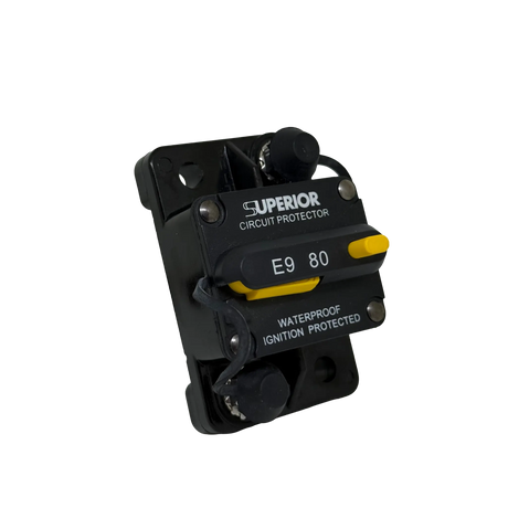 Rekcharge 80A Inline Waterproof Resettable Circuit Breaker front-left product view.