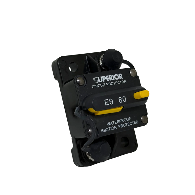 Rekcharge 80A Inline Waterproof Resettable Circuit Breaker front-left product view.