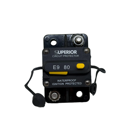 Rekcharge 80A Inline Waterproof Resettable Circuit Breaker front view with terminal covers.