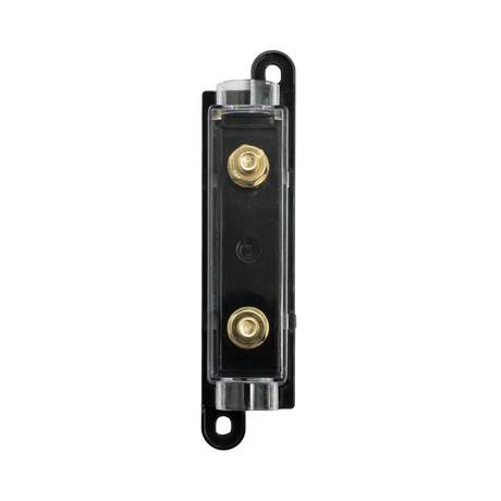 Rekcharge In-line ANL fuse holder straight top view with two brass terminals under the clear cover.