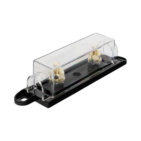 Rekcharge In-line ANL fuse holder angled view with clear protective cover and brass terminals.