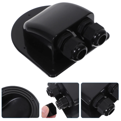 Rekcharge Black ABS Double Cable Entry Gland angled view with other images.