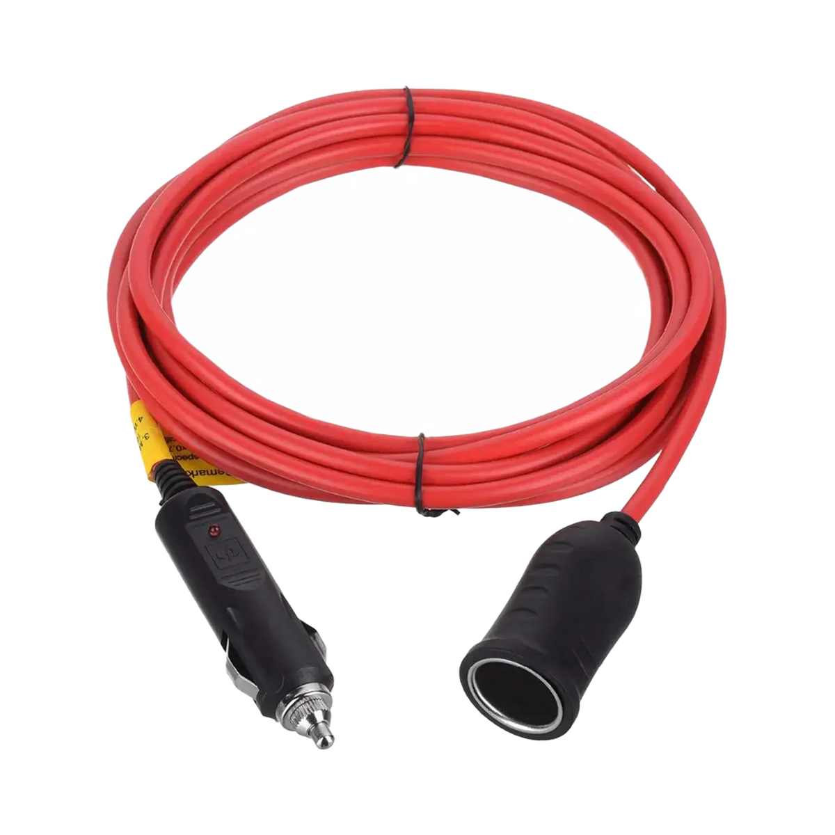 Rekcharge cigarette lighter extension lead coiled with a plug and socket at the ends.