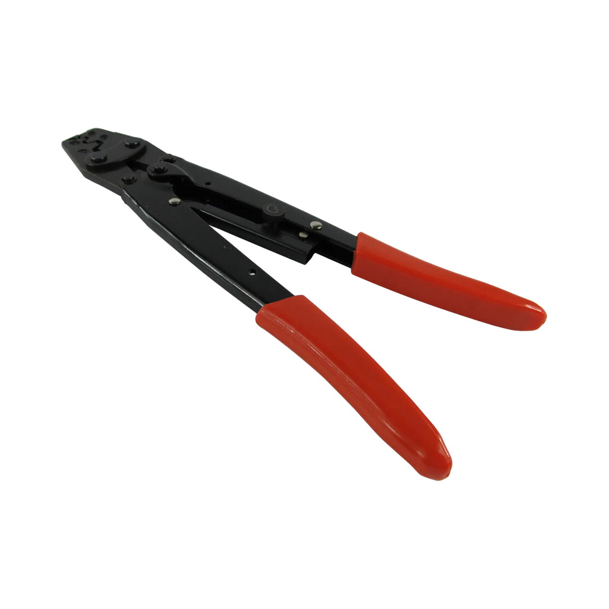 Rekcharge crimping tool for Anderson connectors and lugs in an angled view with red grips and a black frame.