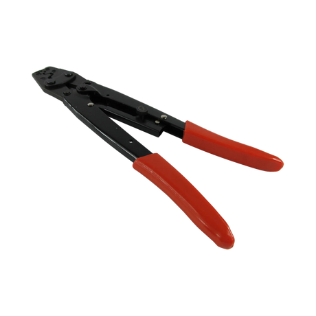 Rekcharge crimping tool for Anderson connectors and lugs in an angled view with red grips and a black frame.