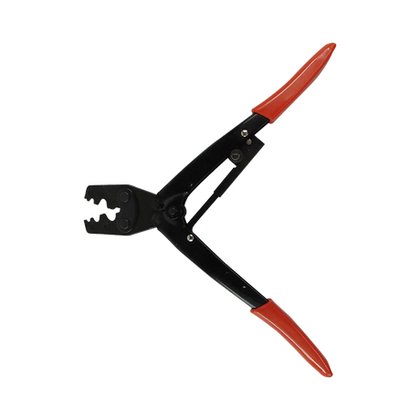 Rekcharge crimping tool for Anderson connectors and lugs with the jaws open and red handles spread apart.