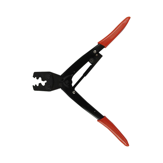 Rekcharge crimping tool for Anderson connectors and lugs with the jaws open and red handles spread apart.
