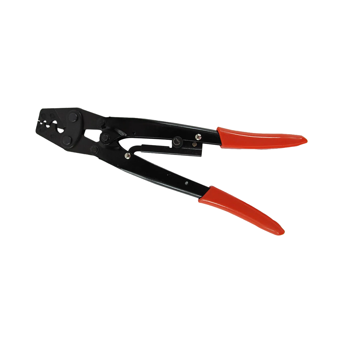 Rekcharge crimping tool for Anderson connectors and lugs in a side view with its jaws closed.