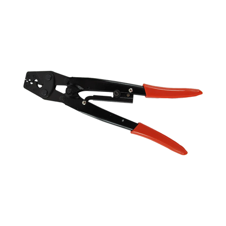 Rekcharge crimping tool for Anderson connectors and lugs in a side view with its jaws closed.