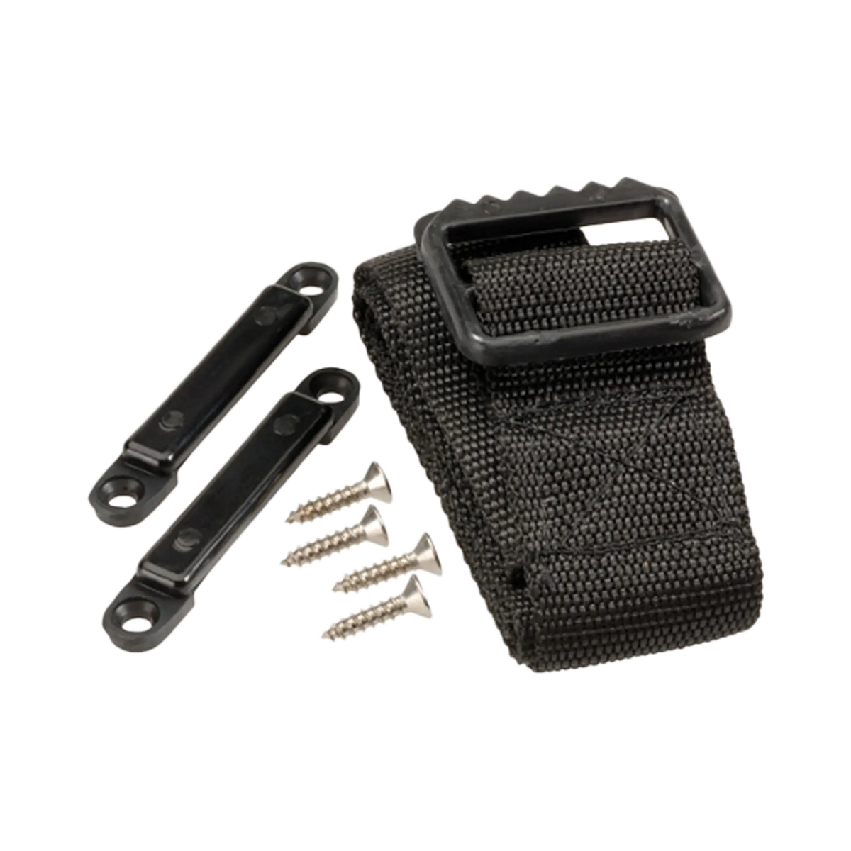 Rekcharge large battery box tie down strap, buckle, mounting loops and four screws laid out.