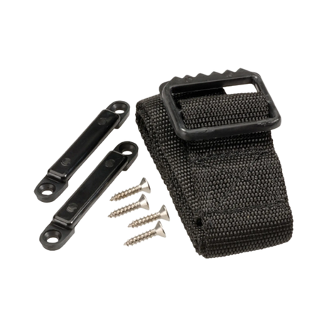 Rekcharge large battery box tie down strap, buckle, mounting loops and four screws laid out.
