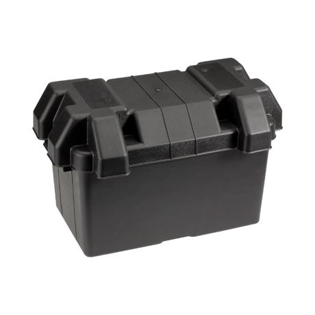 Rekcharge large battery box in an angled view with its black lid fitted and moulded carry handles.