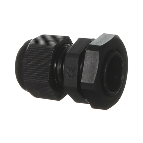 Rekcharge M16 black nylon cable gland in a rear angled view with the locknut and cable passage visible.