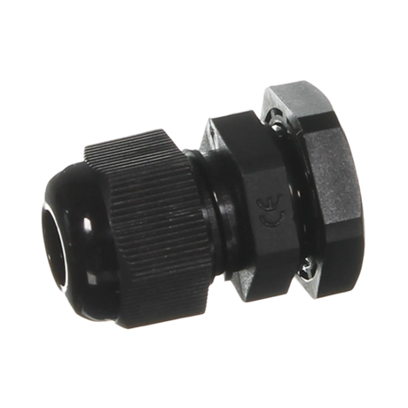 Rekcharge M16 black nylon cable gland side view with its ribbed cap, body and locknut.