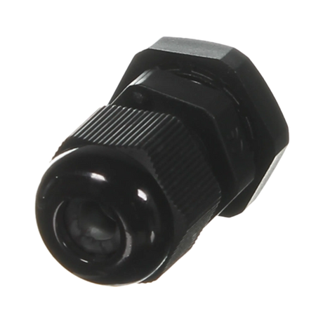 Rekcharge M16 black nylon cable gland in a front angled view with its rounded cable entry cap.