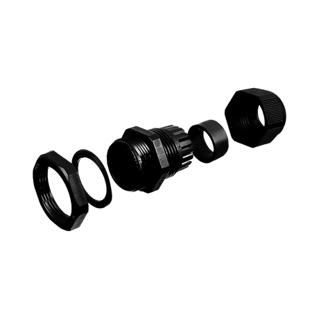 Rekcharge M18 black nylon cable gland exploded view with cap, seal, threaded body, washer and locking nut.