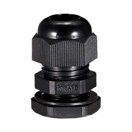 Rekcharge M18 black nylon cable gland straight side view with ribbed cap and mounting nut.