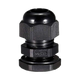 Rekcharge M18 black nylon cable gland straight side view with ribbed cap and mounting nut.